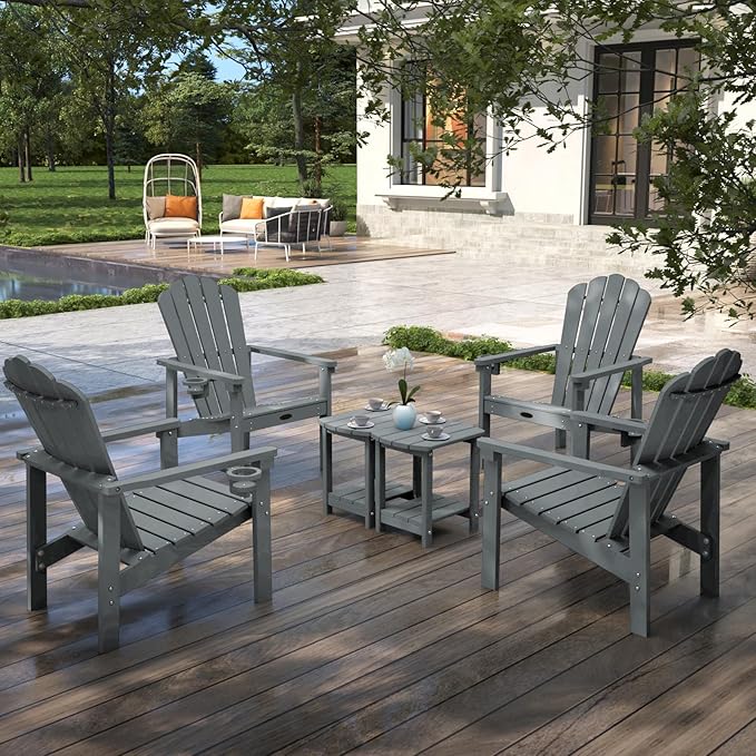 Stackable Adirondack Chair Set of 4, HDPE All-Weather Adirondack Chairs - Durable and Space Saving, Plastic Outdoor Fire Pit Chairs with Cup Holder,Grey