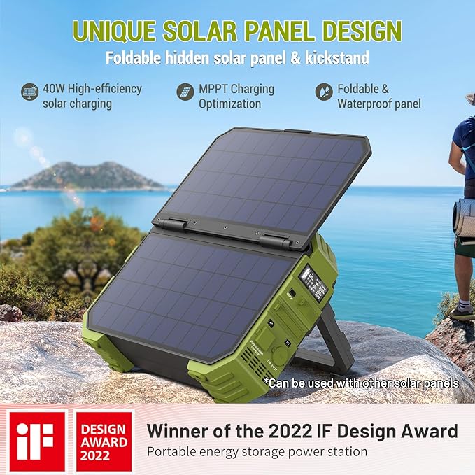 BROWEY Portable Power Station, 1000W (Peak 2000W) Solar Generator with Built-in Solar Panel, 614WH LiFePO4 Battery Pack, AC/DC/USB/PD Outputs, for Outdoor Camping, RV Travel, Emergency Preparedness