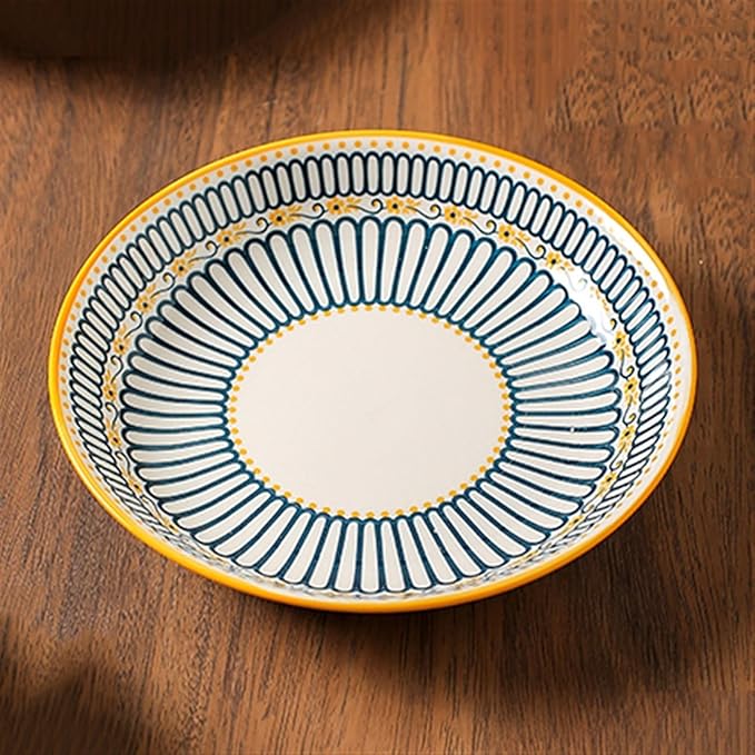 Camping Plates Ceramic Dinner Plate Home Kitchen Round Ceramic Tableware Retro Pattern Dessert Salad Plate Dinner Plate Decorative Plate(B)