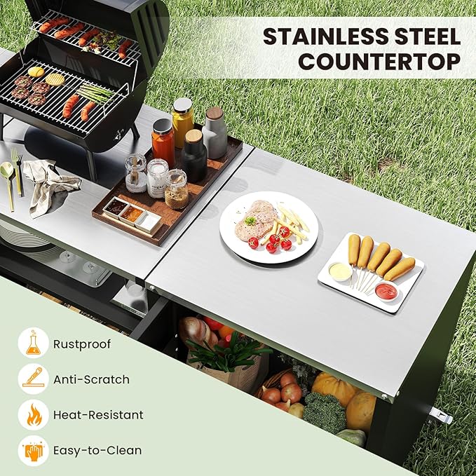 Happygrill 80” Outdoor Grill Table with Sink & Drainage, Heavy Duty Metal Grill Cart w/Cabinet & Removable Stainless Steel Top, Portable Prep Cooking Table w/Wheels for BBQ, Patio, Camping & Backyard