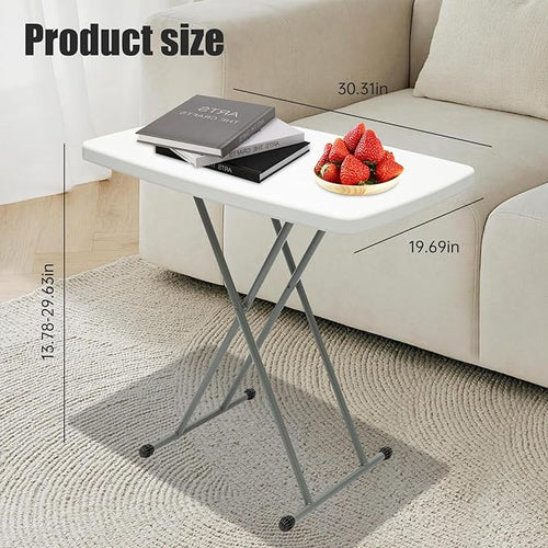 Adjustable Folding Table – 30" x 20" Foldable Desk with 3 Height Settings (18", 25", 29"), Lightweight Small Table for Camping, Outdoor, Indoor, Bedside Use, Portable White Granite Table