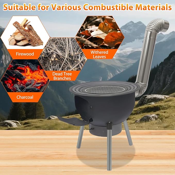 Wood Burning Stove Portable Camping Rocket Stove for Outdoor Cooking Removable Iron Firewood Stove with Grill Rack Charcoal Grill Tent Stoves for Backpacking Hiking (17in-3 Wok Rings-1)