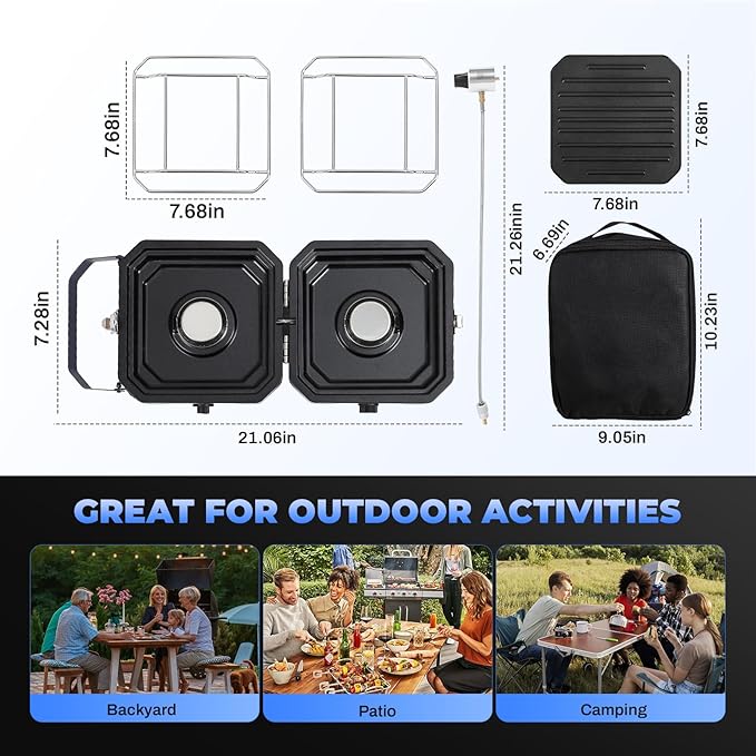 Adjustable 2-Burner Portable Stove with 16000 BTU, with Camping Grill and Carrying Bag, Portable Propane Camp Stove with 2 Burners & Piezo Ignition for Camping, Backyard BBQ,Tailgating (Green)