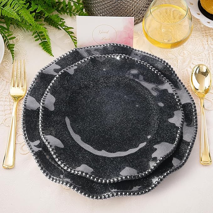 Melamine Dinnerware Sets Service for 4, Black Plates and Bowls Set with Beaded Edge, BPA Free Dishwasher Safe, Heavy Duty Shatterproof Unbreakable Tableware for Hallowmas Party Camping Outdoor