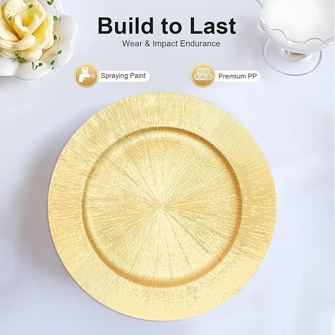 DYRABREST 50 Pcs Gold Charger Plates, 13 Inch Bulk Round Charger Plates Plastic Wedding Dinner Elegant Reusable for Table Setting Wedding Party Event Tabletop Setting Decor (Gold)