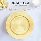 DYRABREST 50 Pcs Gold Charger Plates, 13 Inch Bulk Round Charger Plates Plastic Wedding Dinner Elegant Reusable for Table Setting Wedding Party Event Tabletop Setting Decor (Gold)