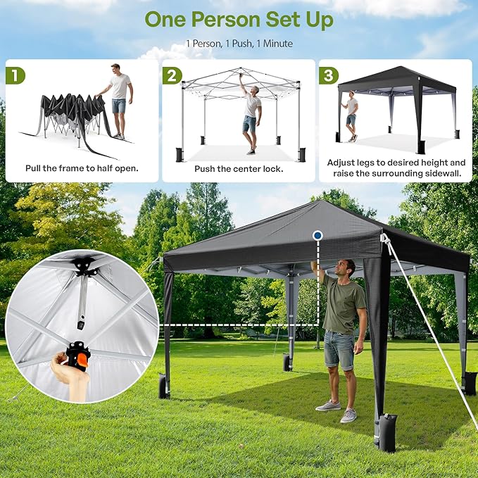 10x10 Pop Up Canopy with Sidewalls, Outdoor Instant Canopy Tent with Carry Bag for Commercial Events, Camping, Backyard Parties - Black
