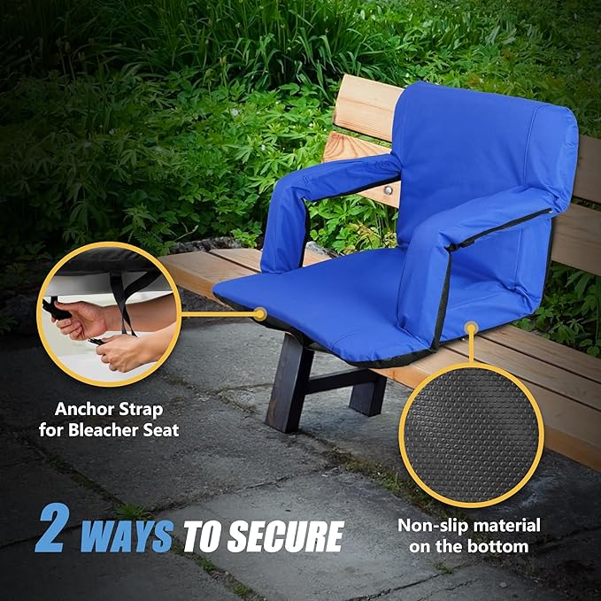 Wide Stadium Seat for Bleachers with Back Support -2 Pack Reclining Adults Camping Stadium Chair Extra Thick Cushion Bleacher Seats Waterproof Black