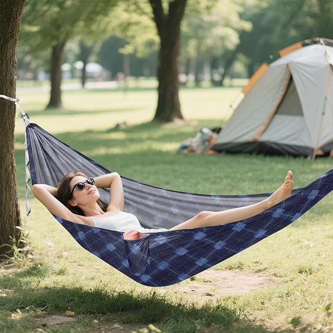 Dark Blue Checks Camping Hammock Indoor Hammock for Camping Travel Accessories