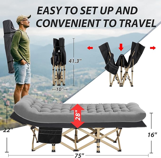Folding Camping Cot for Sleeping, Portable Cots for Adults, Heavy Duty Cot Bed 550LBS(Max Load), Extra Wider Cots with Large Pocket for Outdoor, Office, Beach