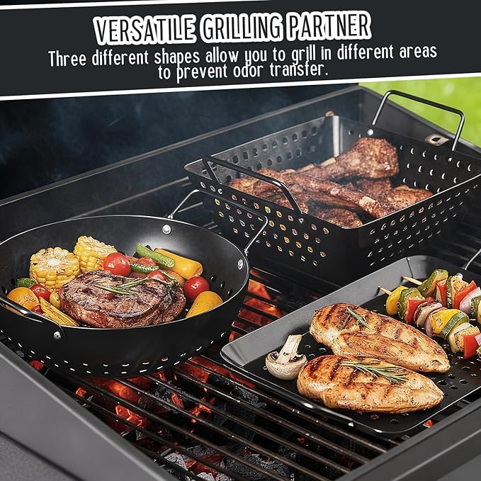 3 Pack Grill Topper Pans for Outdoor Grill, Stainless Steel Vegetables BBQ Grilling Basket with Holes Handles, Nonstick Barbecue Pan Grilling Gifts for Camping Picnic Cooking Seafood Meat