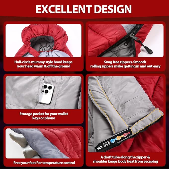 Single Sleeping Bag for Adults Kids 3-Season, Lightweight Waterproof Ripstop, Dual Zipper Bottom Vent, Compression Sack, Portable Camping Hiking Backpacking Gear