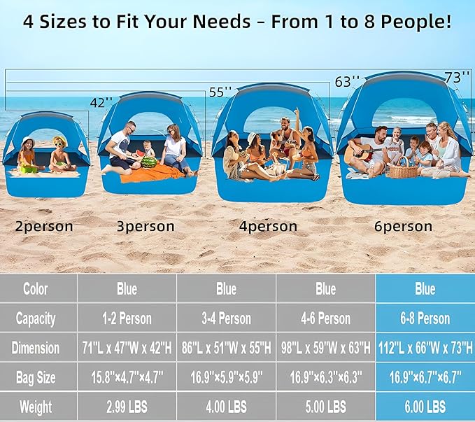 Beach Tent, Portable Sun Shelter for 2/3/4/6-8 Person with UPF 50+ UV Protection, Easy Setup Waterproof Beach Shade Canopy Cabana for Family Outdoor and Picnics, Fishing with Carrying Bag