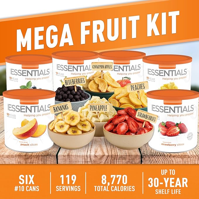 Emergency Essentials MEGA Fruit Kit | Freeze Dried & Dehydrated Fruit Variety | 119 Servings | Up To 30 Year Shelf Life | Apples, Strawberries, Blueberries, Peaches, Bananas, Pineapple