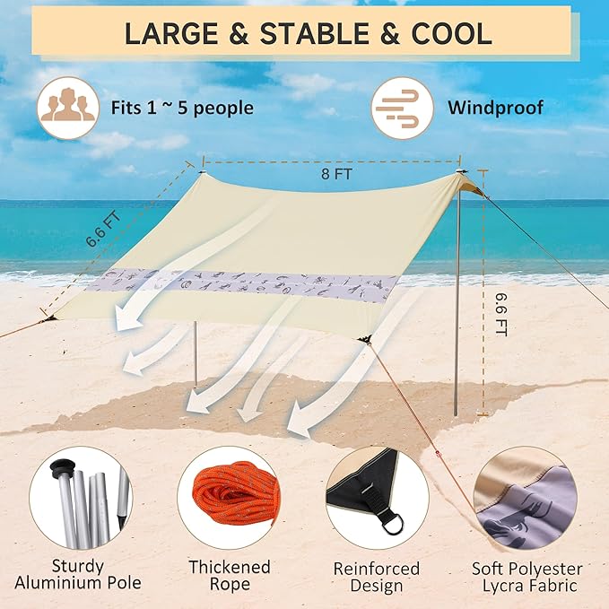 VILLEY Beach Tent Sun Shelter with UPF50+ Protection for 5 Person, 8x7FT Portable Sun Shade with 2 Stability Poles and 4 Sandbags, Outdoor Beach Canopy for Camping, Picnics, Fishing, Outdoors(Khaki)