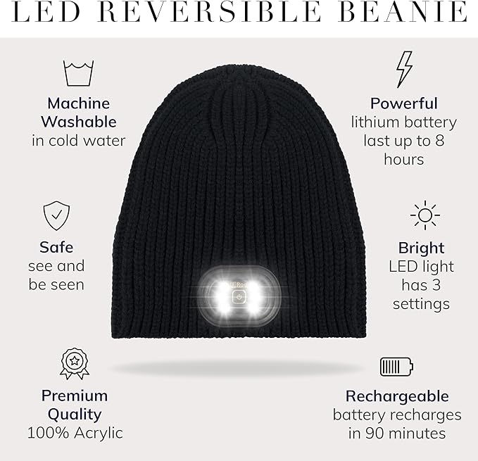 HEAD LIGHTZ® Rechargeable LED Beanie Hat – Hands-Free Lighted Cap for Running, Walking & Camping – As Seen on Oprah’s Favorite Things – Machine Washable, Unisex