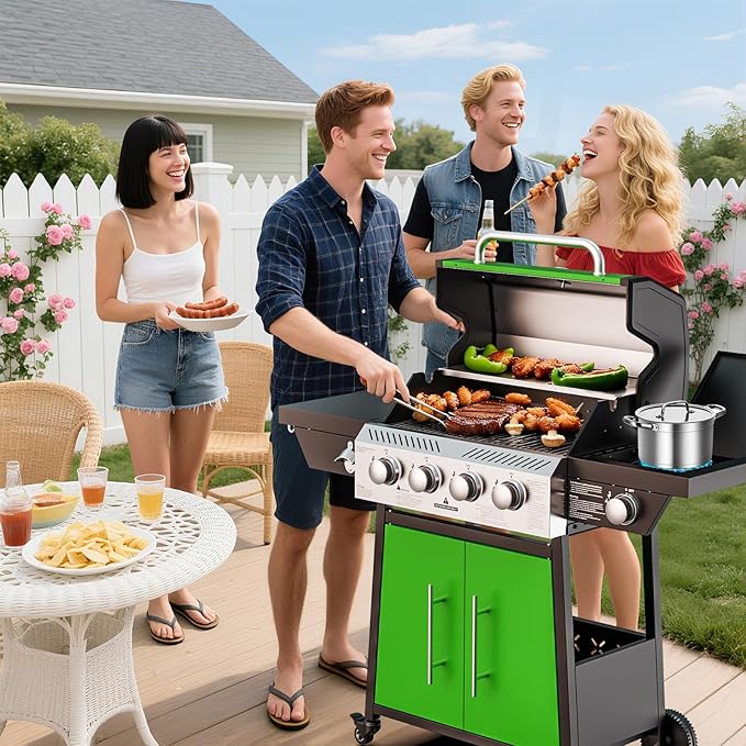 4-Burner Propane Gas Grill with Side Burner, 50,000 BTU Outdoor Gas BBQ Grill with Stainless Steel Grates and Side Tables for Outdoor Cooking Kitchen, Patio and Backyard, Green