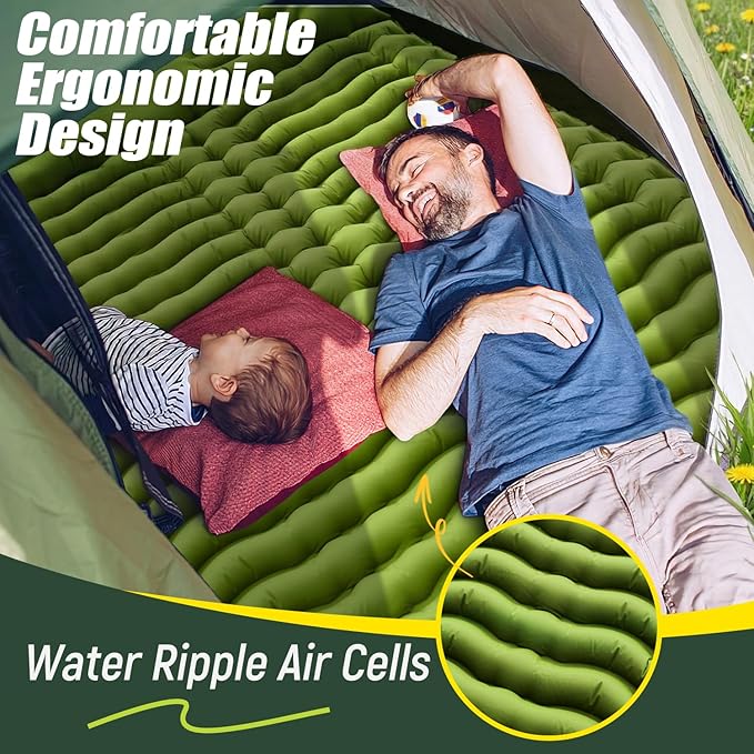 Double Sleeping Pad - Self Inflating 4" Extra-Thick for 2 Person with Pillow Built-in Foot Pump Inflatable Sleeping Mat for Backpacking, Hiking, Traveling, Tent, Portable Camping Mat