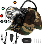 Coon Hunting Lights Headlamp for Coyotes Hog Predators, 10W Rechargeable & IPX5 Waterproof, 6 Lighting Modes, 45000LUX 4-Color LED (White Red Green Amber) with Camo Hunting Hat for Forehead