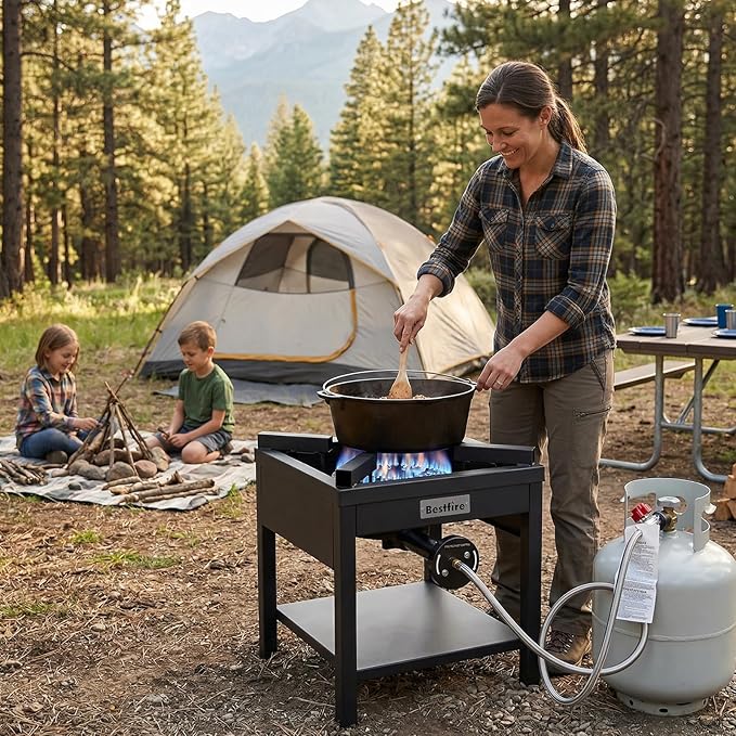 Bestfire 260,000 BTU Outdoor Propane Gas Stove, 0-20 PSI Adjustable Regulator, Steel-Braided Hose, High Pressure Single Burner Cooker for Turkey Fryer, Seafood Boil, Quemador de Gas Propano