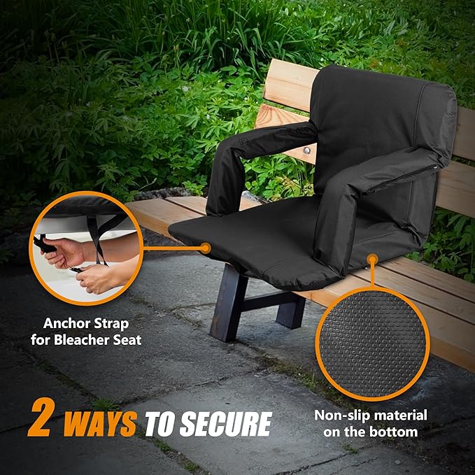 Wide Stadium Seat for Bleachers with Back Support -2 Pack Reclining Adults Camping Stadium Chair Extra Thick Cushion Bleacher Seats Waterproof Black