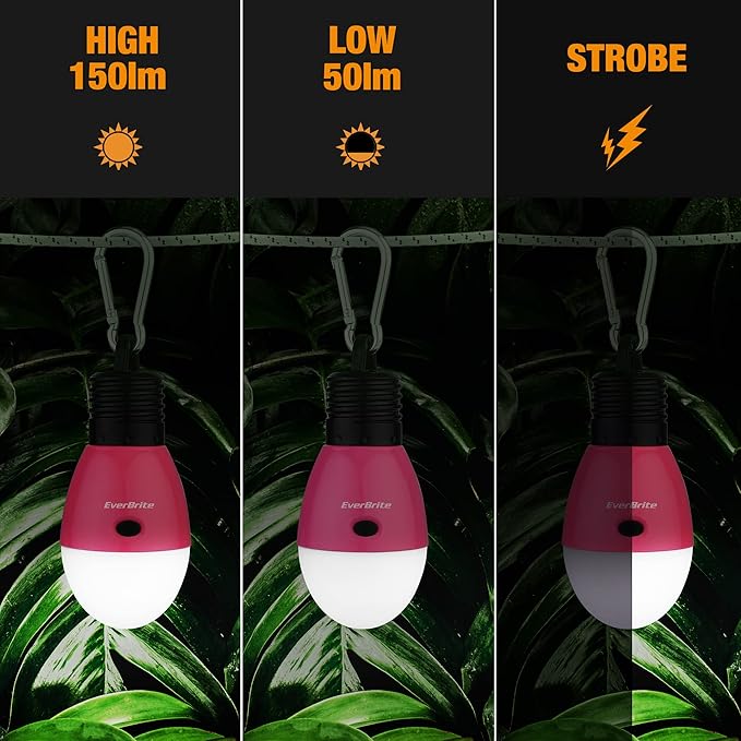 EverBrite Rechargeable Camping Light,Portable Tent Lantern,3 Lighting Modes, Hanging Tent Light Bulbs with Clip Hook for Hiking, Fishing, Backpacking, Emergency and More-Pink