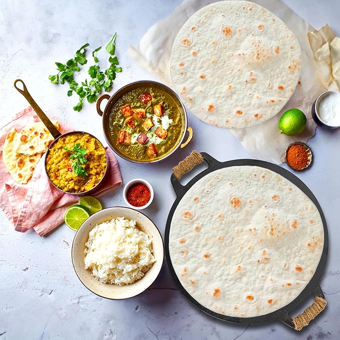 Bekith 12-Inch Cast Iron Pan with Taco Holders, Cast Iron Griddle with Dual Handle, Baking Pan for Pizza, Tortillas, Crepe, Dosa, Use in the Oven, on the Stove, on the Grill, or Over a Campfire
