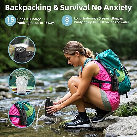 Electric Portable Water Purifier Survival, 0.01 Micron 6-Stage Water Purification System Water Filter for Outdoor Camping Backpacking Hiking Travel Emergency, One Extra Filter Included