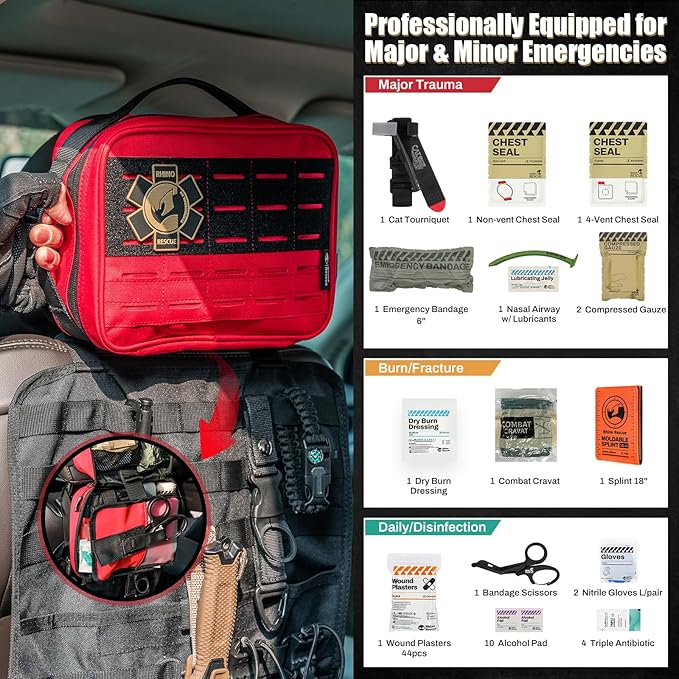 RHINO RESCUE Vehicle IFAK Trauma Kit with C-A-T Tourniquet, Tactical First Aid Kit Molle Pouch Red