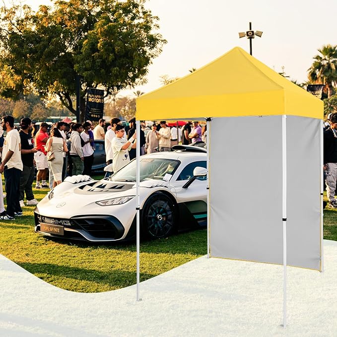 5x5 Pop Up Canopy Tent with One Sidewall, Instant Portable Beach Canopy, Outdoor Tent with Carry Bag for Camping, Sports, Tailgating, Events, Yellow