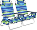 COSTWAY Backpack Beach Chairs, 2-Pack Portable Camping Chairs with Cup Holder, Ice Bag, 5-Position Outdoor Reclining Chairs for Adults, Travel, Sunbathing, Support 300 LBS, Blue & Green