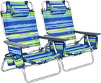 COSTWAY Backpack Beach Chairs, 2-Pack Portable Camping Chairs with Cup Holder, Ice Bag, 5-Position Outdoor Reclining Chairs for Adults, Travel, Sunbathing, Support 300 LBS, Blue & Green