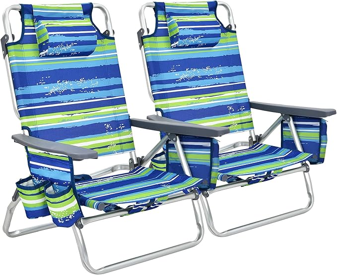 GYMAX Beach Chairs, Backpack Camping Chair with Armrest, Cooler Bag, Cup Holder, Towel Bar & Side Pockets, Sunbath Sling Tanning Lounge, Folding Layout Chair (Without Table, Blue Stripe)