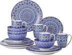 GaRcan Porcelain Dinnerware Set 16-Piece Bohemian Mandala Patterned Blue Porcelain Tableware Dinner Set with Dinner Plate,Dessert Plate,Bowl,Mug Dinnerware Set