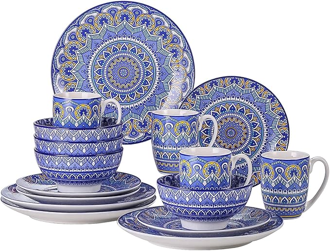 GaRcan Porcelain Dinnerware Set 16-Piece Bohemian Mandala Patterned Blue Porcelain Tableware Dinner Set with Dinner Plate,Dessert Plate,Bowl,Mug Dinnerware Set