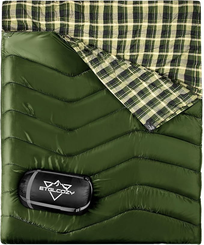 XL Queen Size 2 Person Double Sleeping Bag for Adults, Lightweight Compact with Flannel Liner & Thermolock Draft Tube, Machine Washable All Season Camping Travel