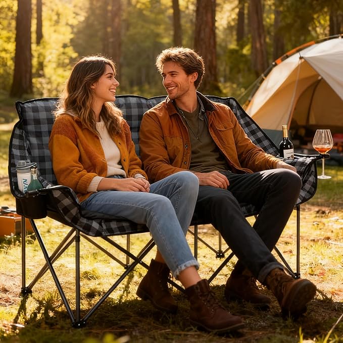 Padded Double Camping Chair Folding Loveseat 2 Person Camp Chair Heavy Duty Lawn Chairs Camping Couch Outdoor Folding Sofa