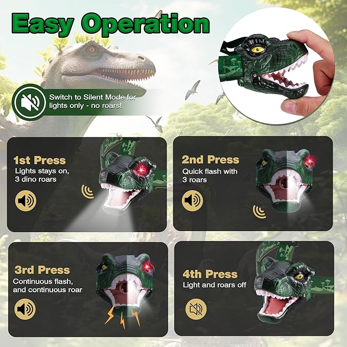 EverBrite Dinosaur LED Headlamp, T-Rex Head Lamp with Roar & Silent Mode, Batteries Included, Hands-Free Headlight for Camping, Hiking, Night Walking, Costume & Outdoor Use