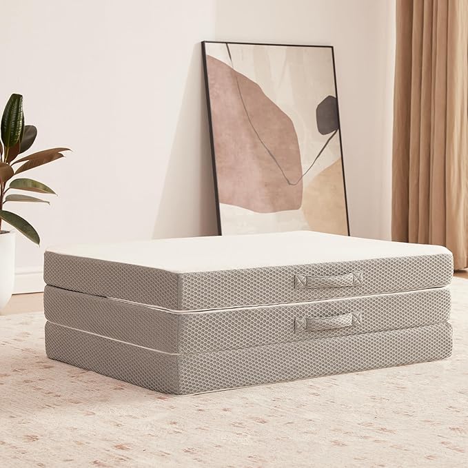 Kingfun Foldable Mattress 4 Inch Folding Mattress Tri-fold Gel Memory Foam Breathable with Storage Bag, Portable Floor Guest Bed Soft for Sleeping Camping, Gray, Twin XL Size