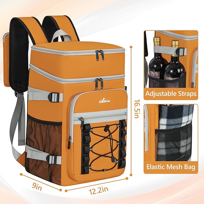 Cooler Backpack, 40 Cans Insulated Lunch Backpack Picnic Backpack for Men&Women, Durable Cooler Bag with 2 Leak Proof Compartments for Picnic, BBQ Camping, Lunch, Beach, Hiking, Orange