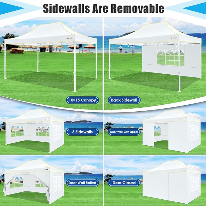 HOTEEL Canopy Tent 10x15 Heavy Duty Pop Up Canopy with Sidewalls, Party Tent with Roller Bag for Event Wedding, Upgraded Commercial Waterproof Instant Canopy, Thick Hexagonal Legs, UPF50+, White
