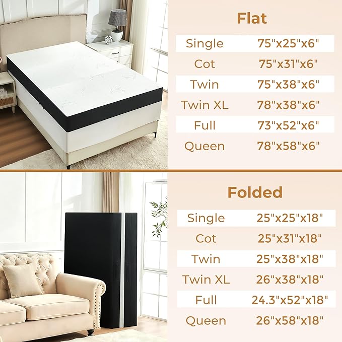 6 Inch Trifold Mattress, Twin Size Foldable Memory Foam Mattress with Viscose Derived from Bamboo Washable Cover, Portable Folding Mattress Topper for Camping, Guest, RV, Ventilated