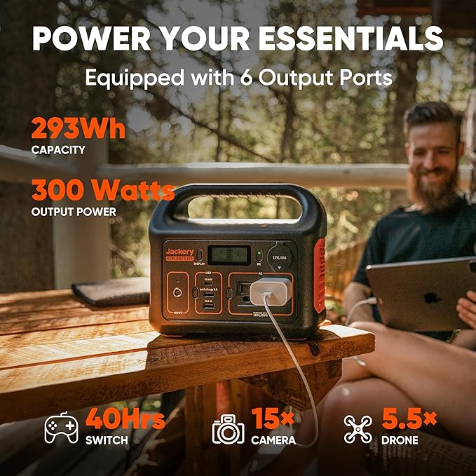 Jackery Solar Generator 300, 293Wh Backup Lithium Battery with 1XSolar Panel SolarSaga 100W Air, 110V/300W Pure Sine Wave AC Outlet for RV Outdoors Camping Travel Blackout