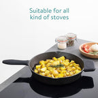 Navaris Cast Iron Skillet - 12"(30cm) Pre-Seasoned Frying Pan with Helper Handle & Silicone Holders, Pour Spouts, for Oven, Stovetop, Grill & Campfire, Heavy-Duty, Even-Heating