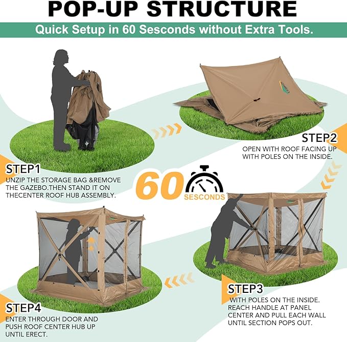 COBIZI 6x6 FT Pop up Gazebo Tent, Waterproof Instant Screen with Mosquito Netting, Portable Outdoor Small Screen Tents Sun Shelter, carpas para Patio for Outdoor Camping, Backyard and Garden, Khaki