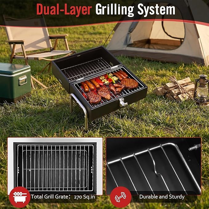 Portable Charcoal Grill, Table Top Small BBQ Grill For Outdoor, Camping, Beach, Easy Assembly, Heavy Duty & Multi-Use Small Grill, Black (270 Sq.In)