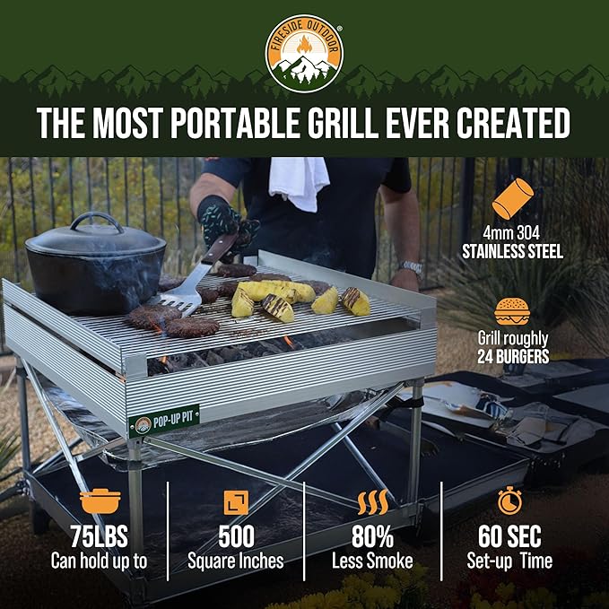Fireside Outdoor Pop-Up Fire Pit Grill Grates - Folding Campfire Grill Grate Over Fire Pit Grate, Portable BBQ Grills, Camping Cooking, Camping Essentials, Outdoor Cooking - Quad-Fold Grates