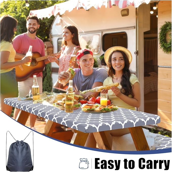 Smiry Picnic Table Cover with Bench Covers, Waterproof Elastic Fitted Tablecloth for 6 Foot Tables, Washable Polyester Tablecloths for Camping, Indoor & Outdoor (Grey, 30x72 Inch 3-pc Set)