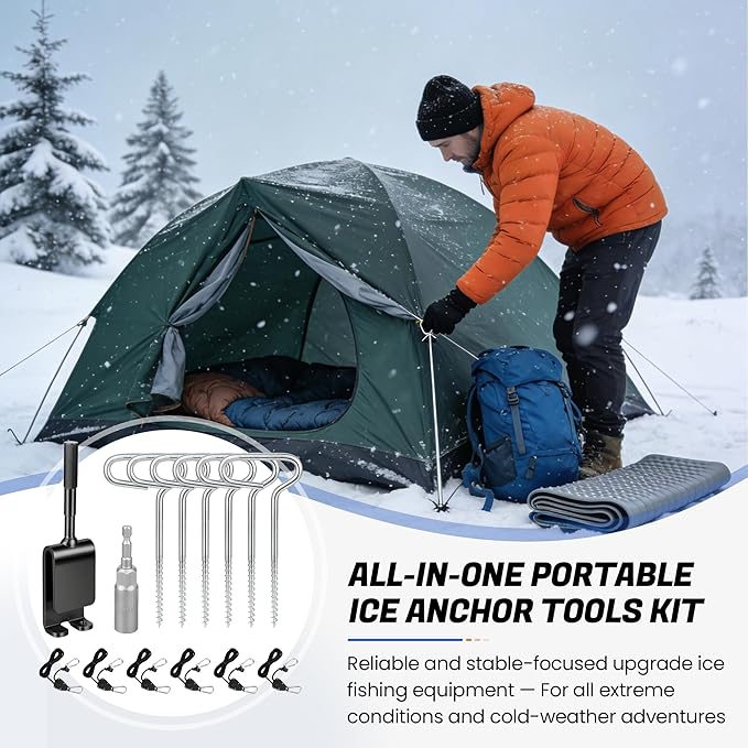 Ice Anchor Tool Kit for Ice Fishing Shelter - 6PC Heavy Duty Ice Tent Shelter Stakes and Drill Bit 1/4" Adapter, Rope Hanger Ice Fishing Tent Accessories