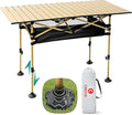 Height Adjustable Camping Table Tall Large Outdoor Folding Camping Table with Wide-Base Anti-Sink Legs & Carry Bag for Camping BBQ Beach Backyard (Beige)